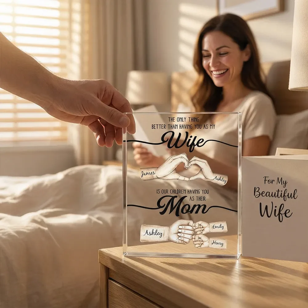 Rectangle Acrylic Block Plaque Personalized for Wife, Sweet Mom Keepsake with Hand Heart and Fist Bump Art, Unique Gift - Image 8