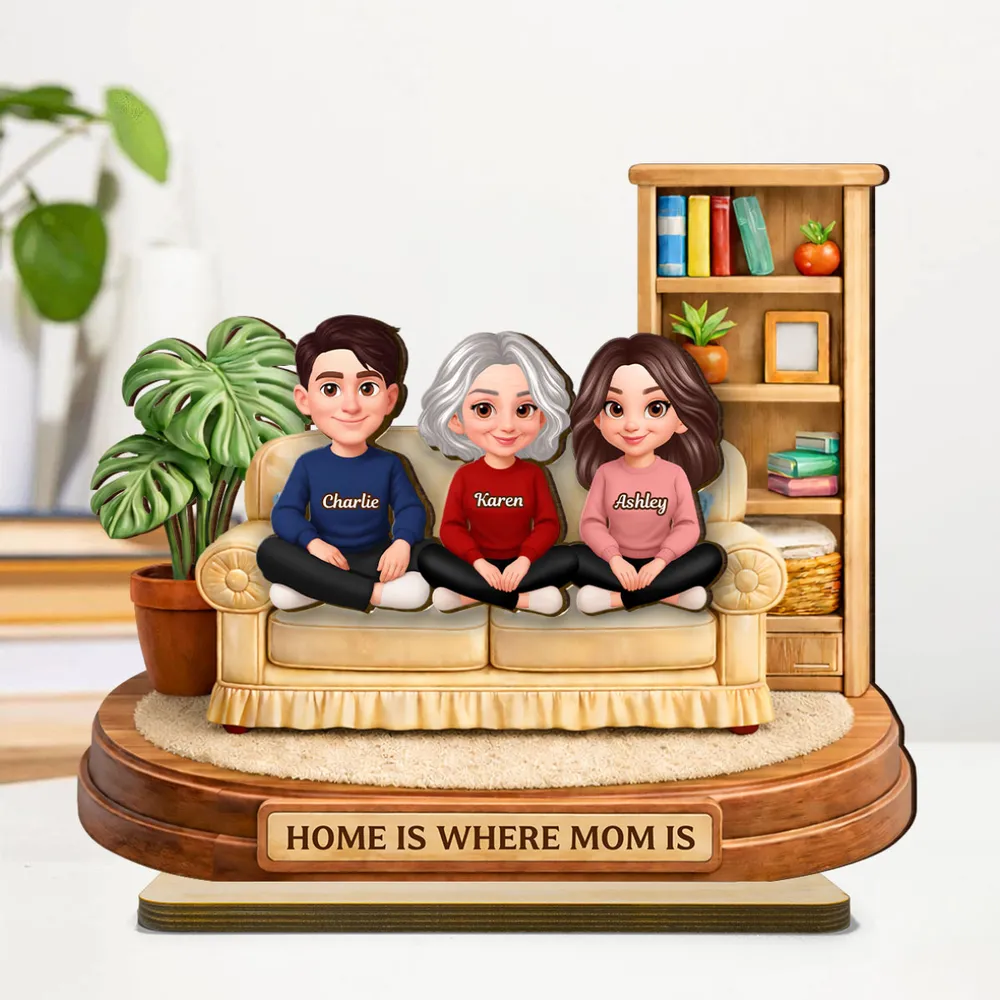 Personalized 2-Layer Wooden Plaque, Home Is Where Mom Is Couch Family Scene, Unique Gift for Mom - Image 3