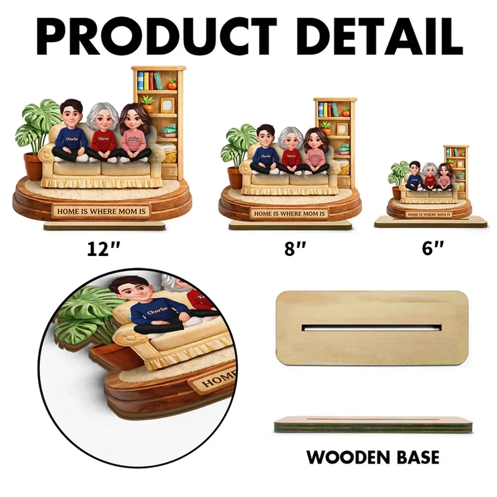 Personalized 2-Layer Wooden Plaque, Home Is Where Mom Is Couch Family Scene, Unique Gift for Mom - Image 4