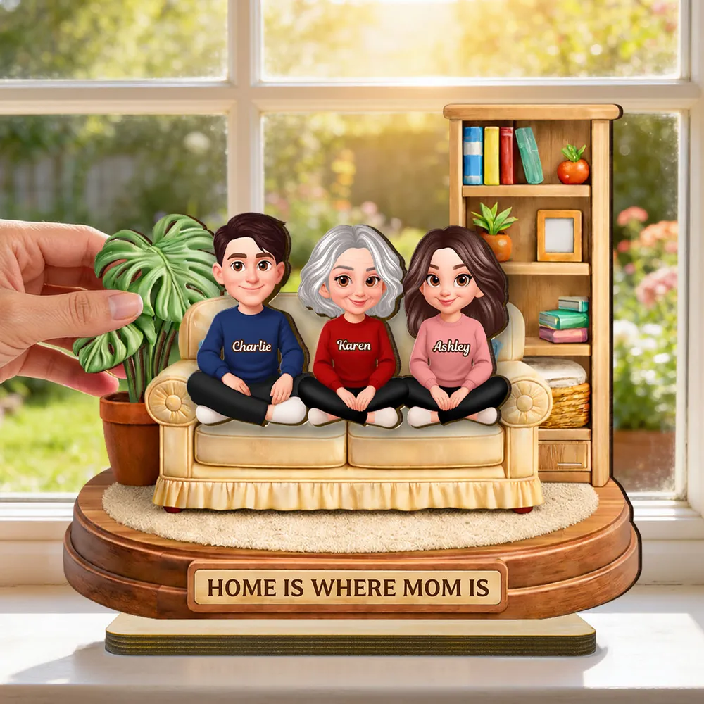 Personalized 2-Layer Wooden Plaque, Home Is Where Mom Is Couch Family Scene, Unique Gift for Mom - Image 5