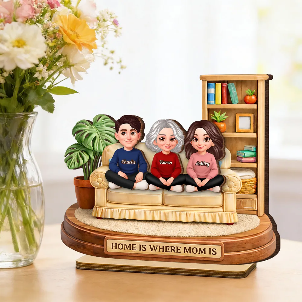 Personalized 2-Layer Wooden Plaque, Home Is Where Mom Is Couch Family Scene, Unique Gift for Mom - Image 6