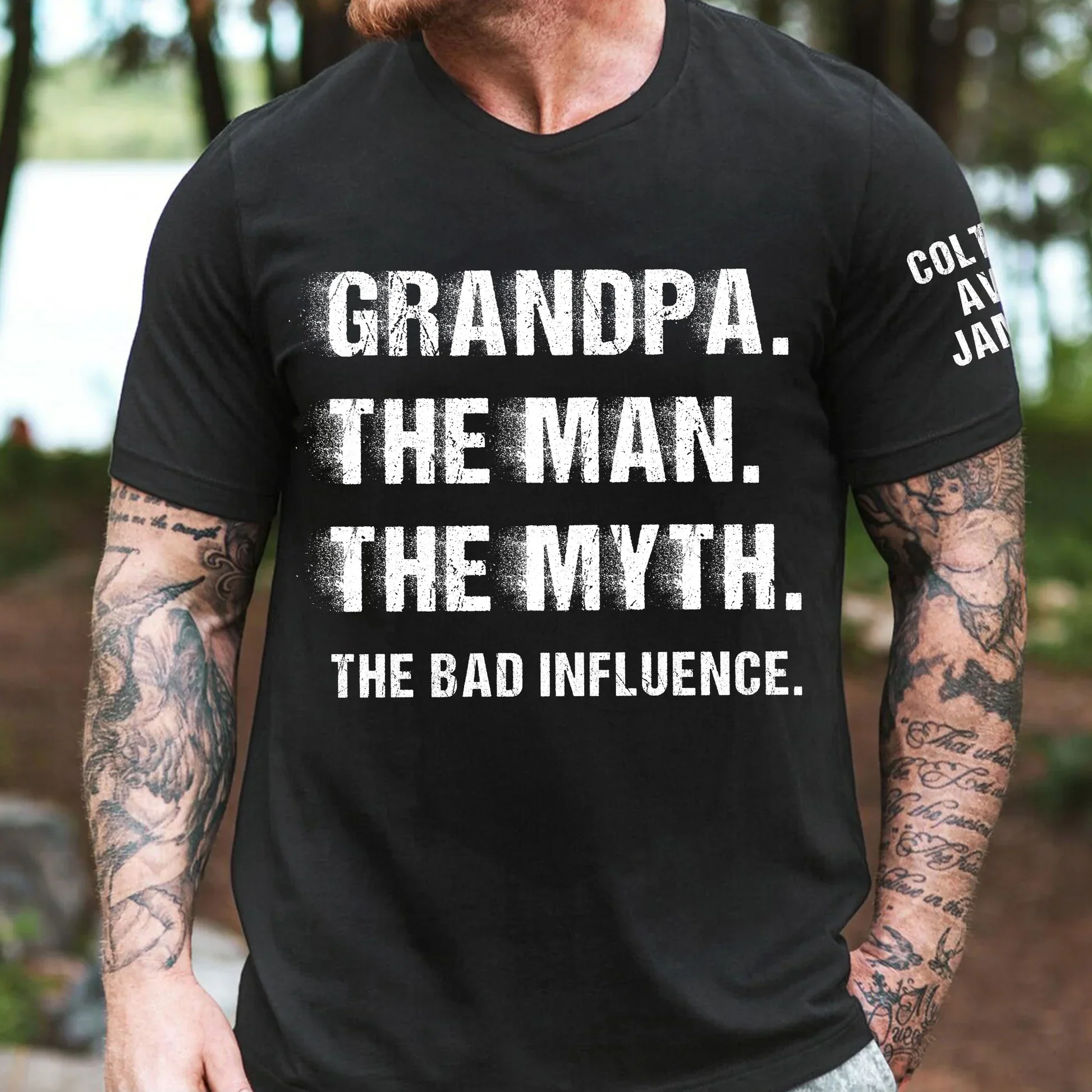 Grandpa The Man The Myth The Bad Influence Dual Print Classic Tee, Personalized Gift from Grandkids with Bold Vintage Text - Image 4
