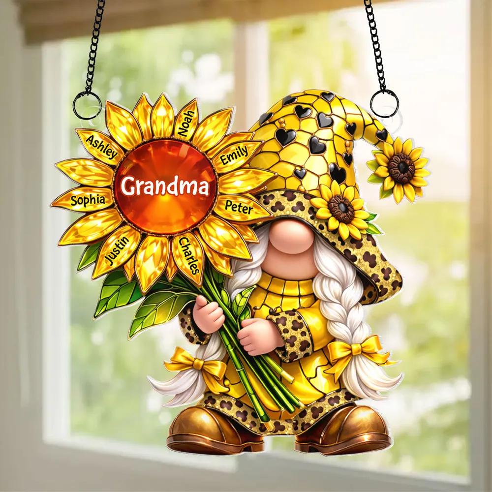 Personalized Grandma Gnome Sunflower Acrylic Suncatcher Ornament for Window Decor, Bright Sunlight Reflection, Unique Gift - Image 3