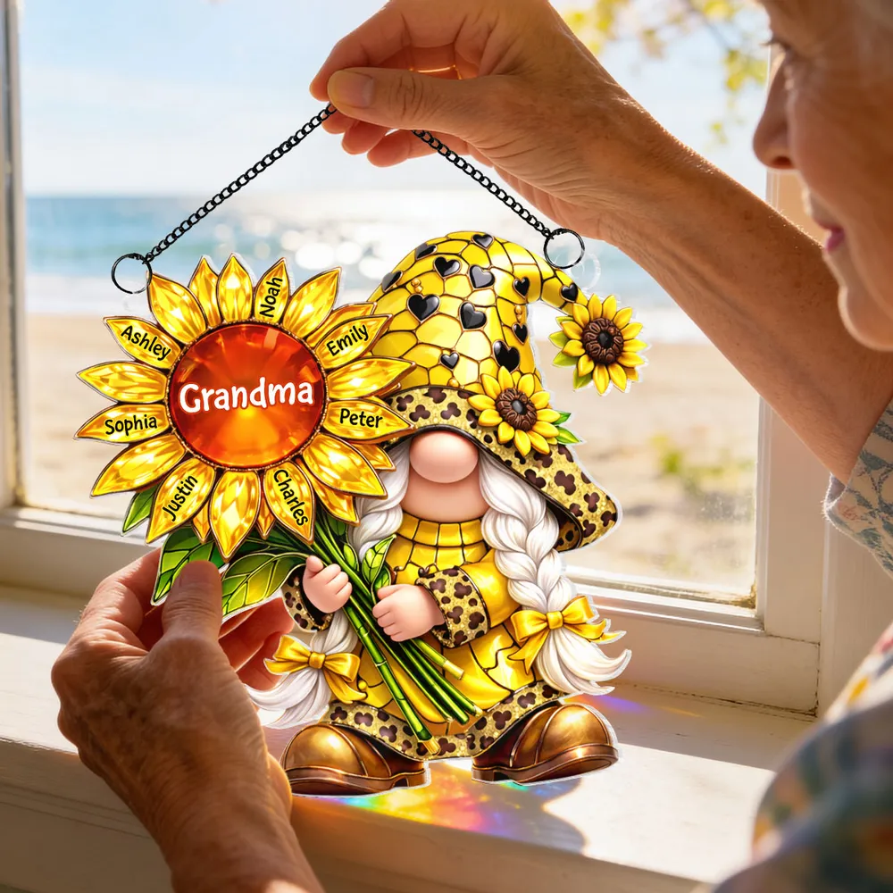 Personalized Grandma Gnome Sunflower Acrylic Suncatcher Ornament for Window Decor, Bright Sunlight Reflection, Unique Gift - Image 5