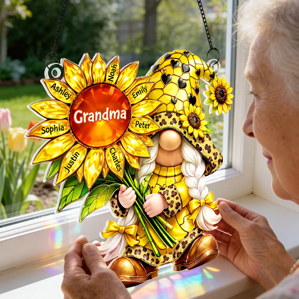 Personalized Grandma Gnome Sunflower Acrylic Suncatcher Ornament for Window Decor, Bright Sunlight Reflection, Unique Gift - Image 7