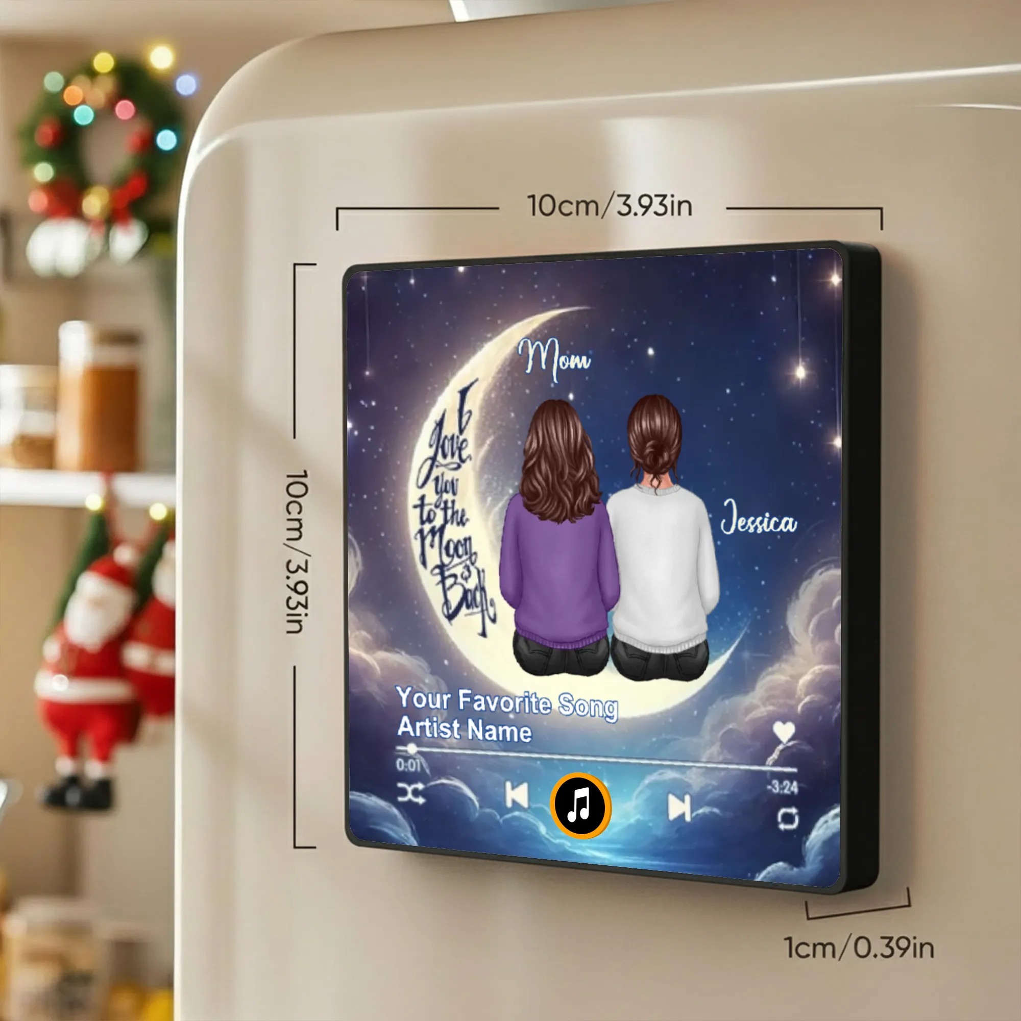 Personalized Acrylic Music Magnet Moon Mom and Daughter Sitting Under Stars Fridge Decor Unique Gift for Mom - Image 4