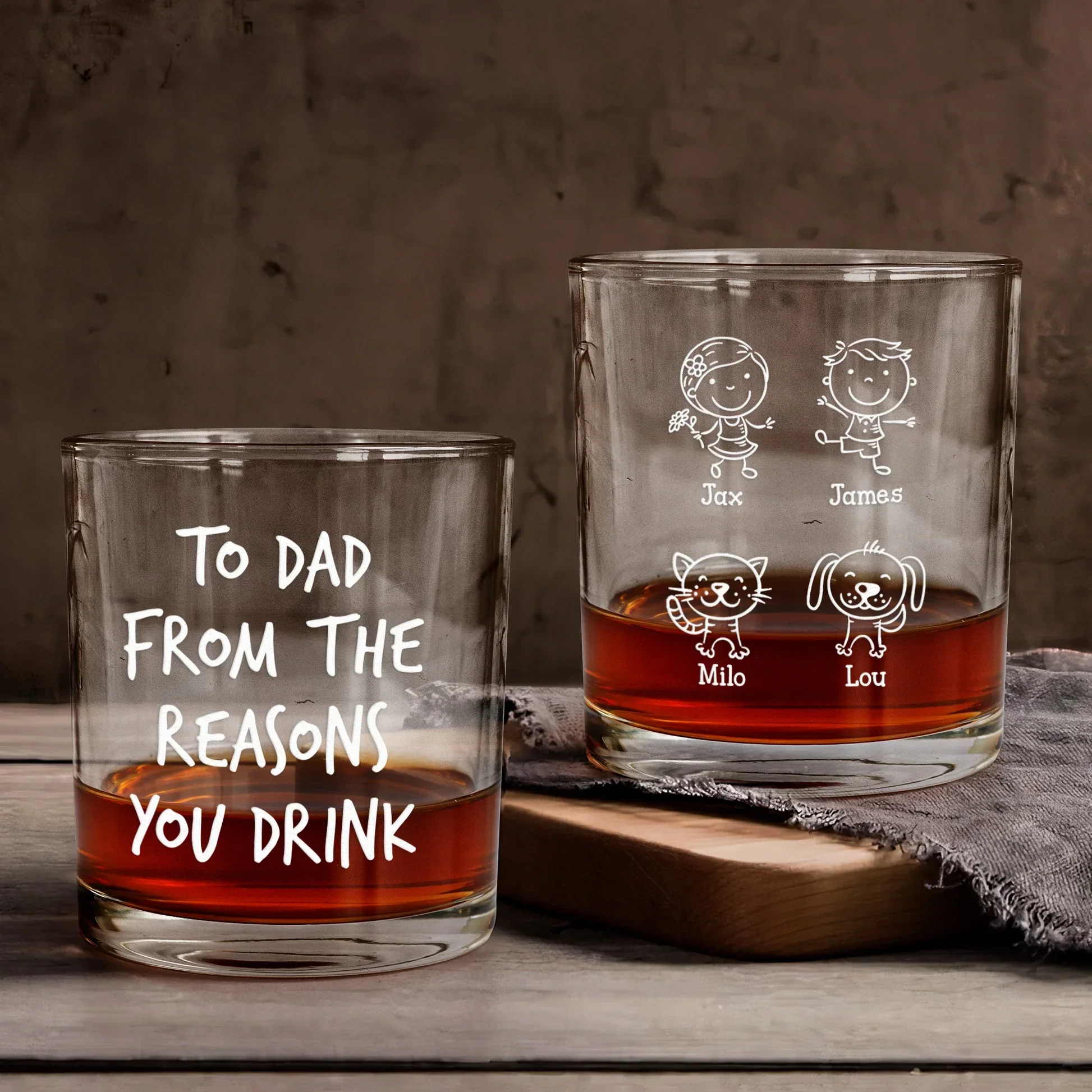 Personalized Whiskey Glass for Dad, Funny 'Reasons You Drink' Cartoon Design, Unique Gift for Father's Day or Birthday - Image 5