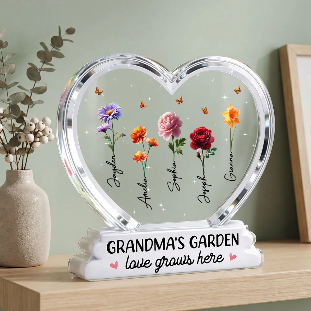 Personalized Grandma's Garden Heart Shaped Acrylic Block Plaque, Birth Month Flowers Keepsake, Unique Gift for Grandma - Image 3