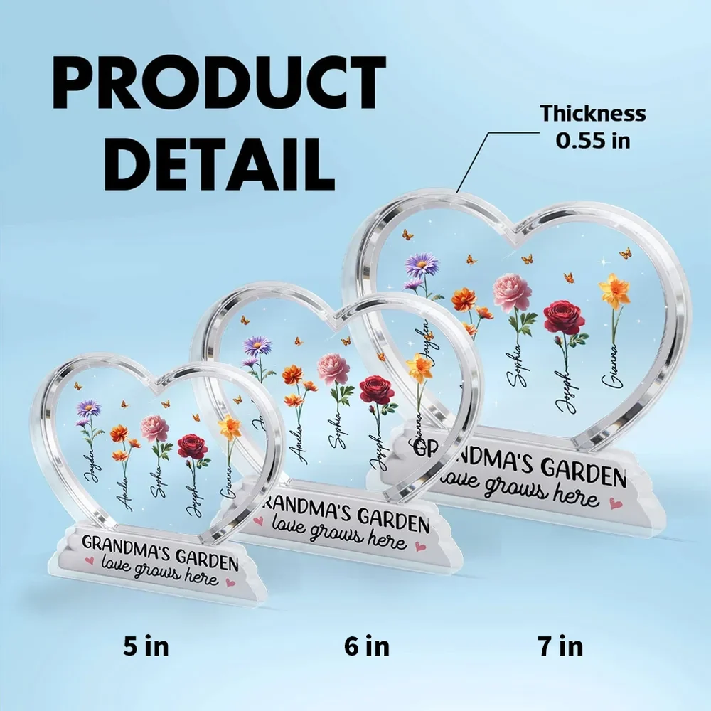 Personalized Grandma's Garden Heart Shaped Acrylic Block Plaque, Birth Month Flowers Keepsake, Unique Gift for Grandma - Image 4