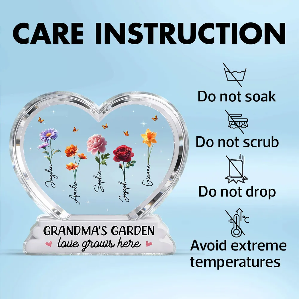 Personalized Grandma's Garden Heart Shaped Acrylic Block Plaque, Birth Month Flowers Keepsake, Unique Gift for Grandma - Image 5