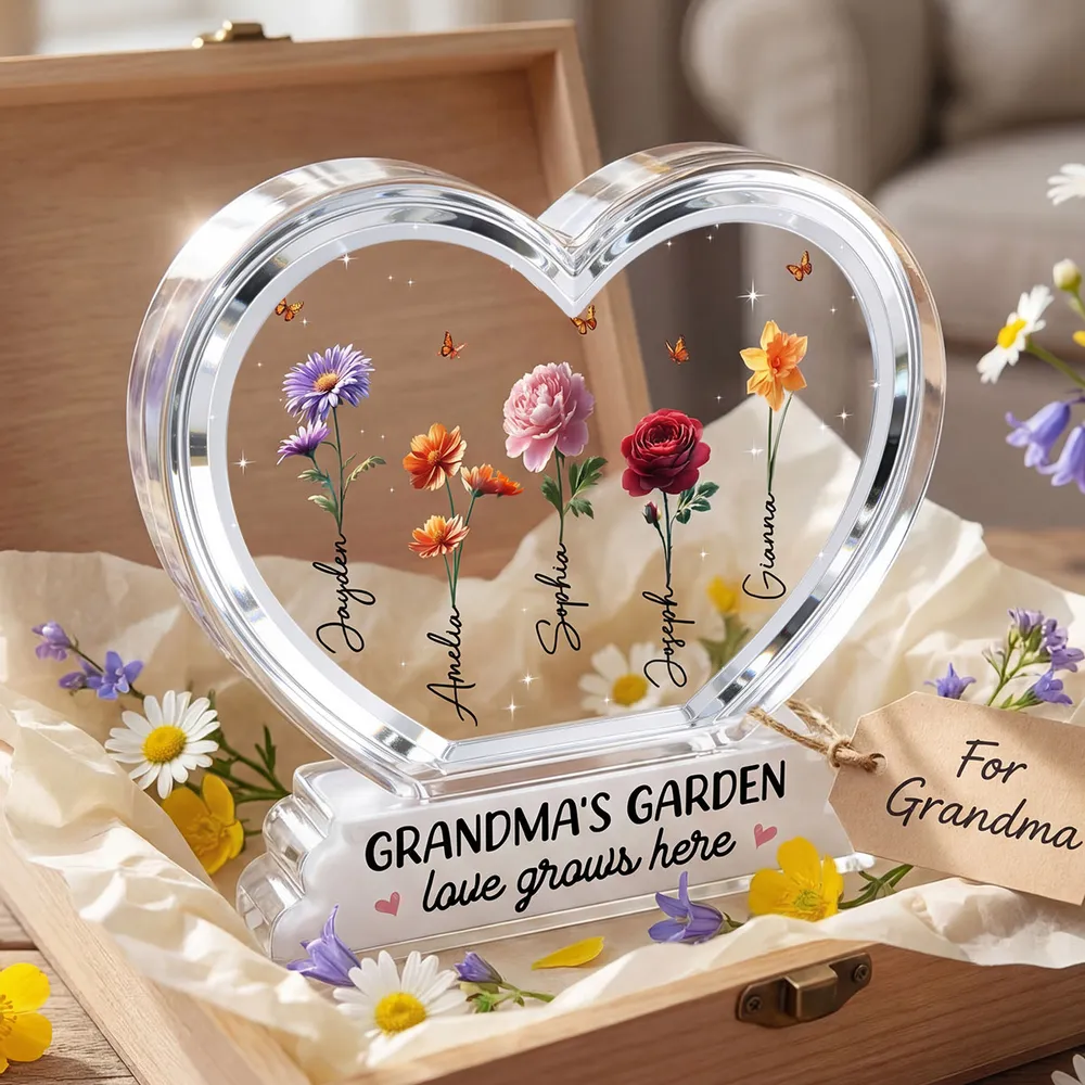 Personalized Grandma's Garden Heart Shaped Acrylic Block Plaque, Birth Month Flowers Keepsake, Unique Gift for Grandma - Image 6