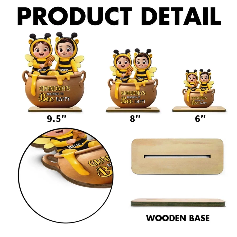 Personalized 2-Layer Wooden Plaque Grandma's Reasons to Bee Happy - Cute Cartoon Kids in Honey Pot, Unique Gift for Grandma - Image 4