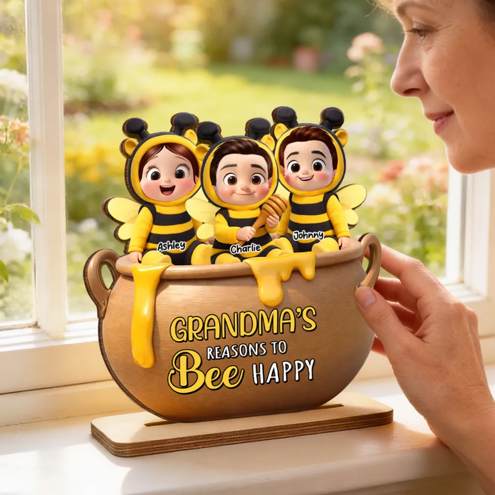 Personalized 2-Layer Wooden Plaque Grandma's Reasons to Bee Happy - Cute Cartoon Kids in Honey Pot, Unique Gift for Grandma - Image 6