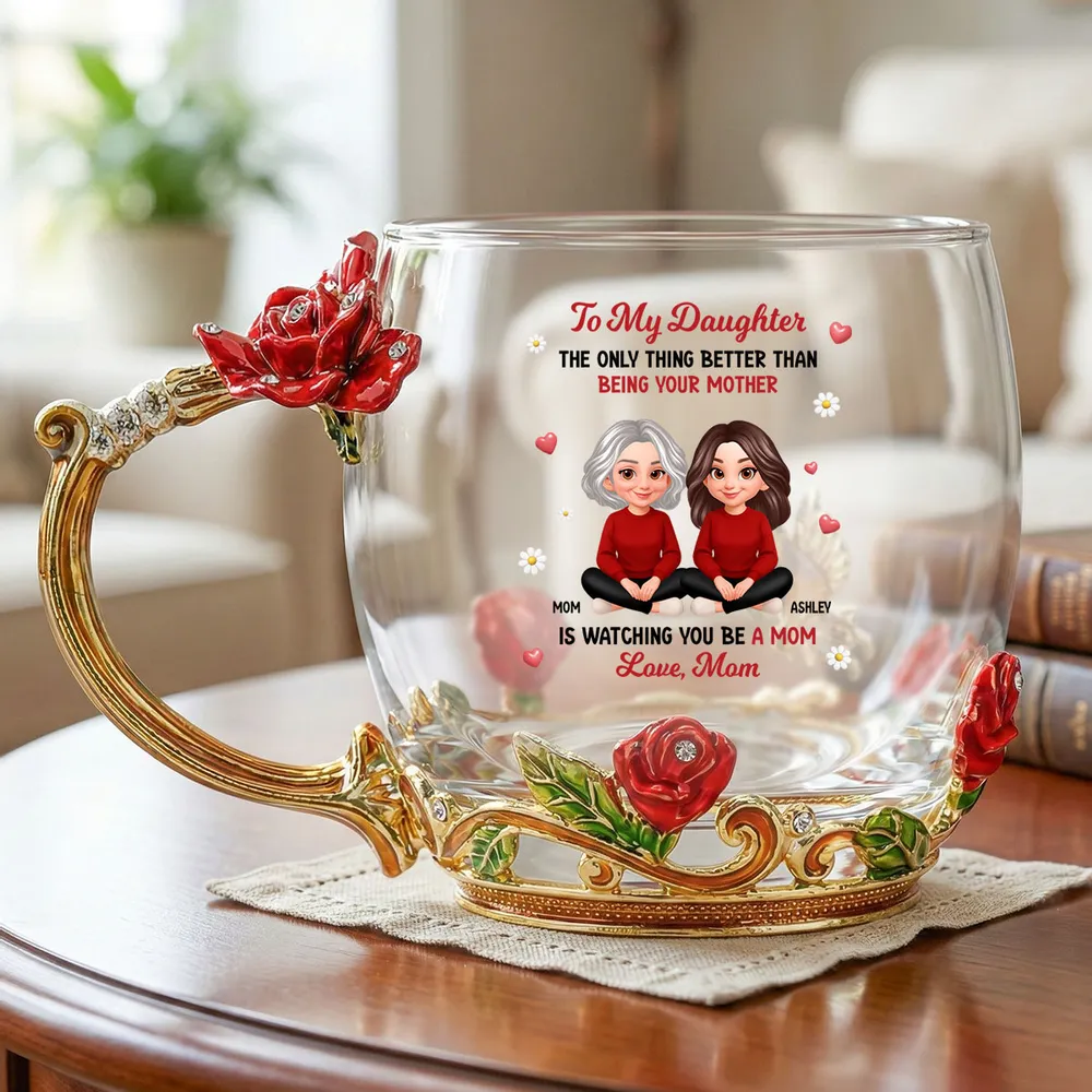 Personalized Enamel Flower Tea Cup with Mom and Daughter Illustration, Sweet Mother and Daughter Gift for Mother's Day - Image 3