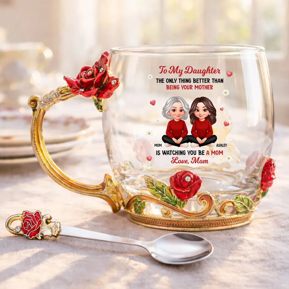 Personalized Enamel Flower Tea Cup with Mom and Daughter Illustration, Sweet Mother and Daughter Gift for Mother's Day - Image 5