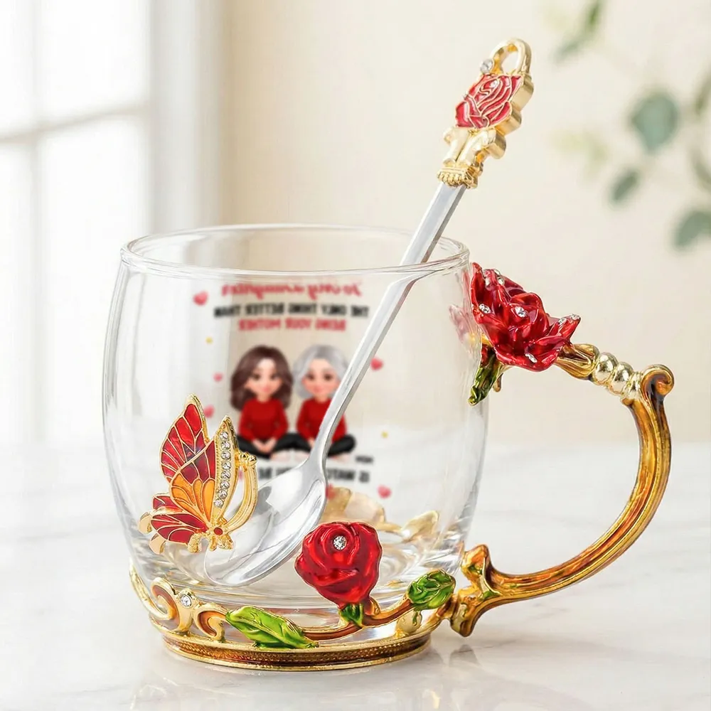 Personalized Enamel Flower Tea Cup with Mom and Daughter Illustration, Sweet Mother and Daughter Gift for Mother's Day - Image 6
