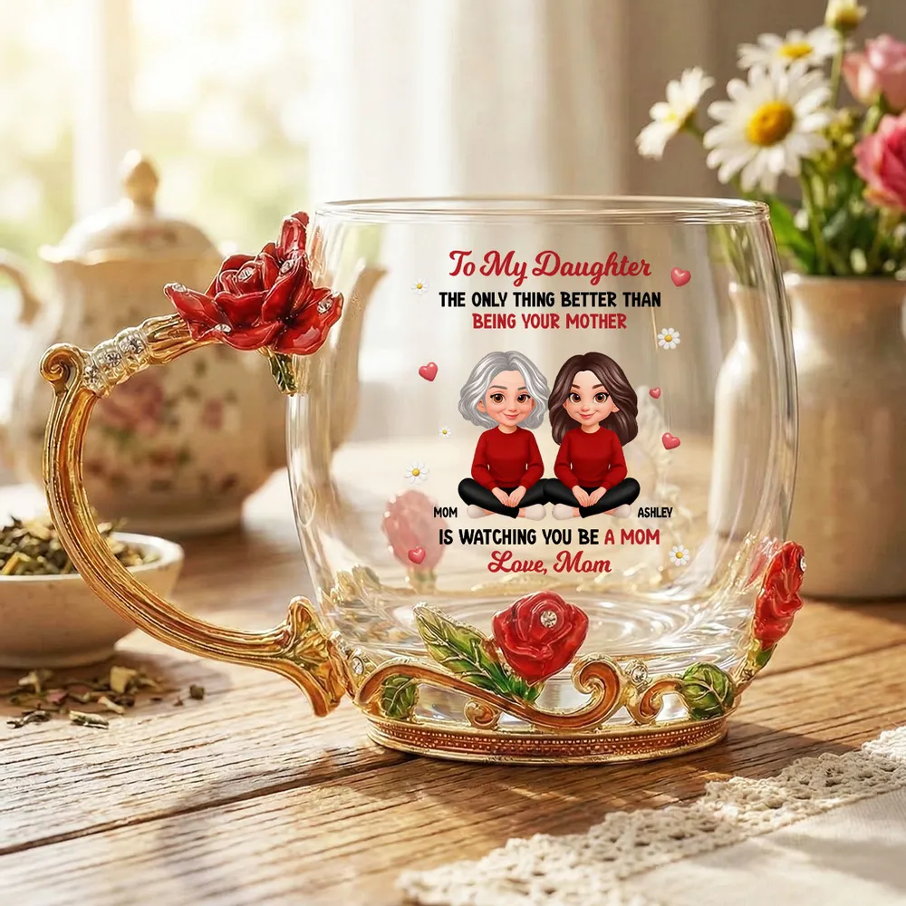 Personalized Enamel Flower Tea Cup with Mom and Daughter Illustration, Sweet Mother and Daughter Gift for Mother's Day - Image 7
