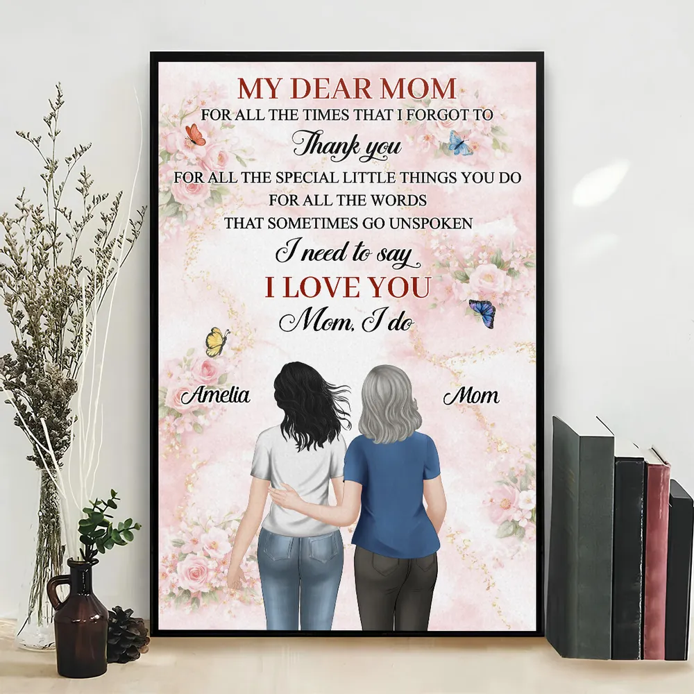My Dear Mom Personalized Poster, Mother Daughter Hug Illustration, Soft Floral Wall Decor, Heartwarming Gift for Mom - Image 3