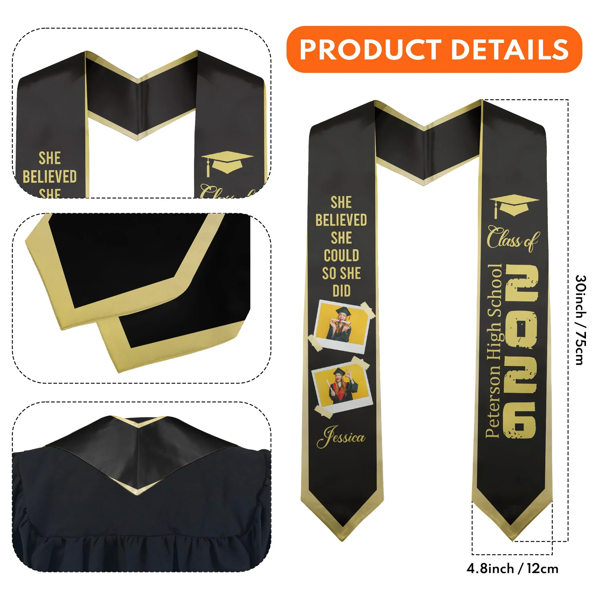 Class of Graduation Polyester Satin Stole, Personalized Photo Keepsake With Cap Icon, Meaningful Gift for Grad - Image 4