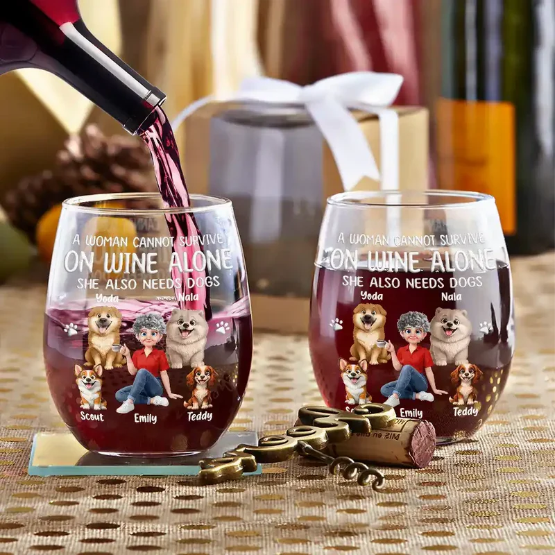 Personalized Wine Glass with Woman and Dog Cartoon - Funny Dog Mom Gift for Wine Nights - Image 3