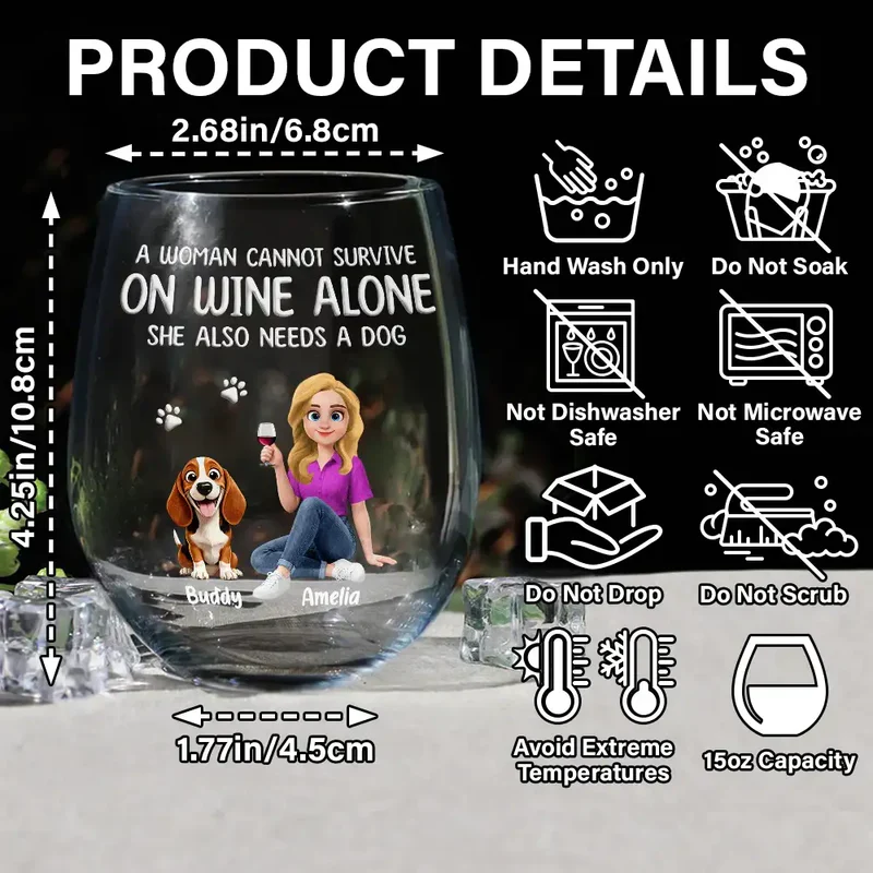 Personalized Wine Glass with Woman and Dog Cartoon - Funny Dog Mom Gift for Wine Nights - Image 4