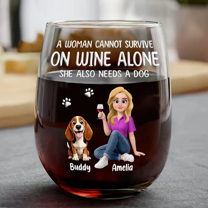Personalized Wine Glass with Woman and Dog Cartoon - Funny Dog Mom Gift for Wine Nights - Image 7