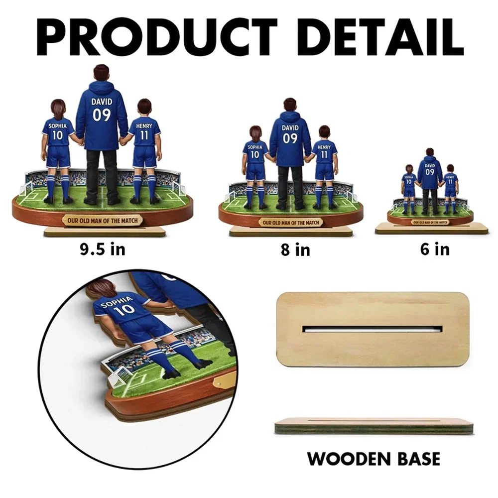 Personalized 2-Layer Wooden Plaque Soccer Dad Holding Kids' Hands Stadium Scene, Unique Father's Day Gift - Image 4