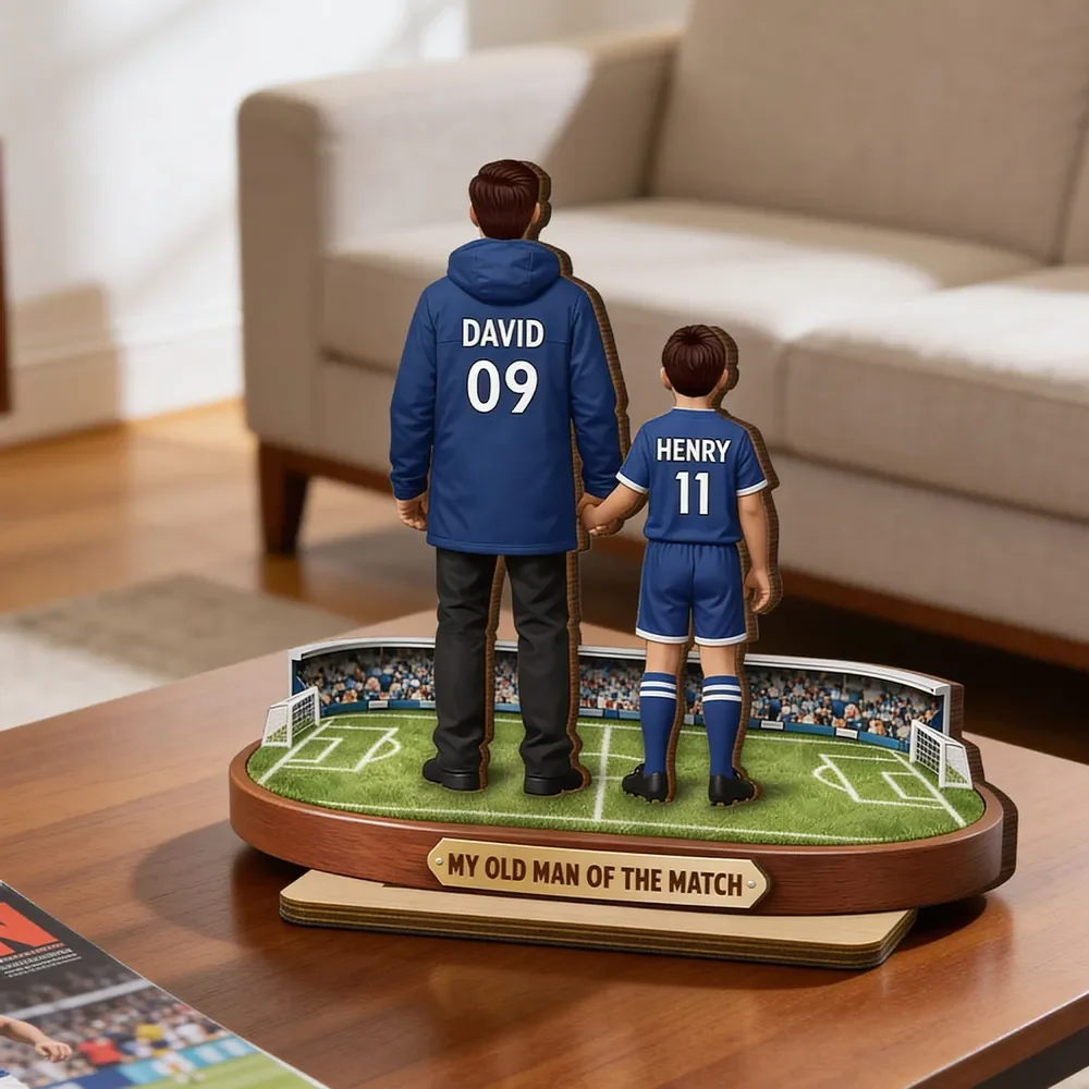 Personalized 2-Layer Wooden Plaque Soccer Dad Holding Kids' Hands Stadium Scene, Unique Father's Day Gift - Image 6