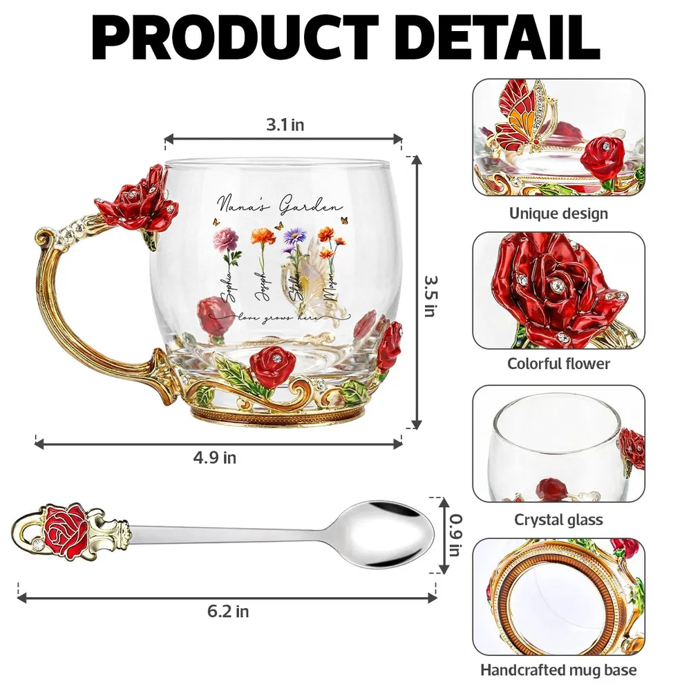 Personalized Enamel Flower Tea Cup, Nana's Garden Floral Gift for Grandma, A Unique Tea Time Keepsake - Image 4