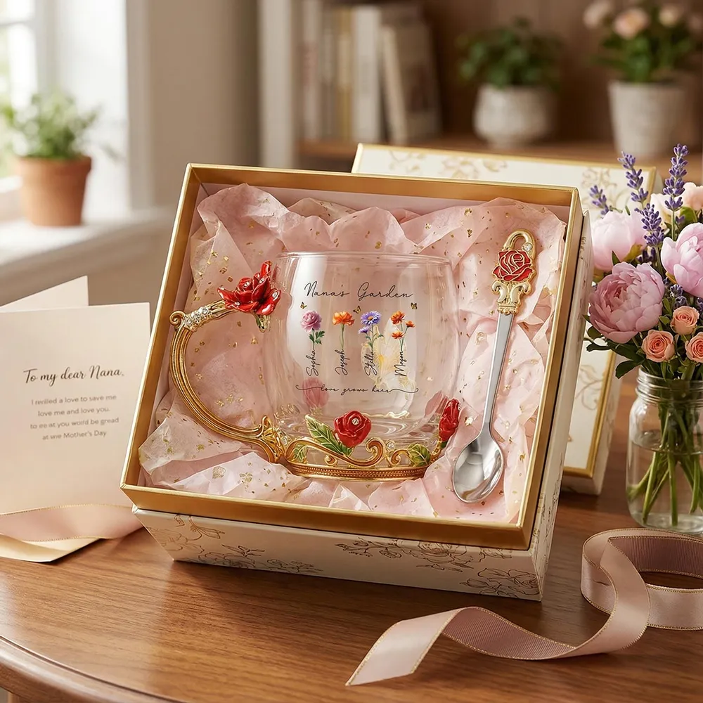 Personalized Enamel Flower Tea Cup, Nana's Garden Floral Gift for Grandma, A Unique Tea Time Keepsake - Image 6