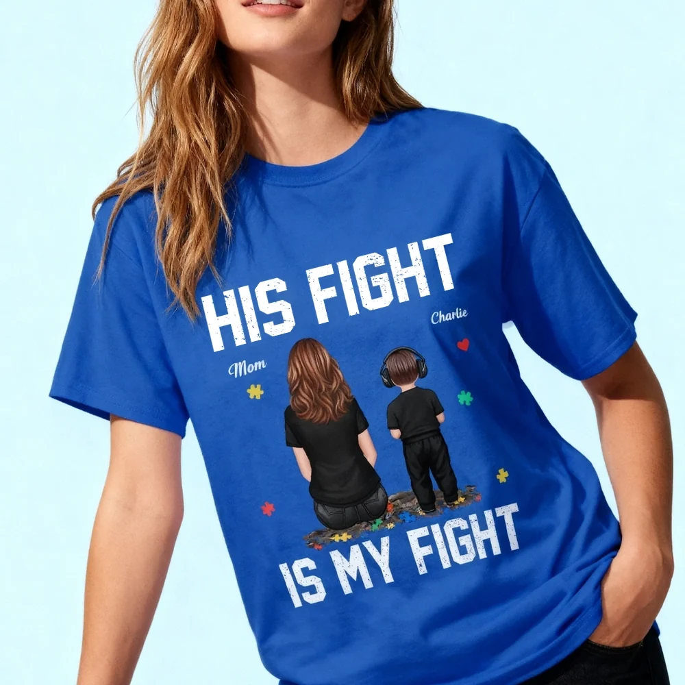 His Fight Is My Fight Classic Tee, Personalized Mom and Child Sitting Together Autism Puzzle Shirt, Meaningful Gift - Image 4