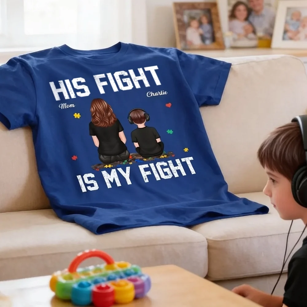 His Fight Is My Fight Classic Tee, Personalized Mom and Child Sitting Together Autism Puzzle Shirt, Meaningful Gift - Image 5