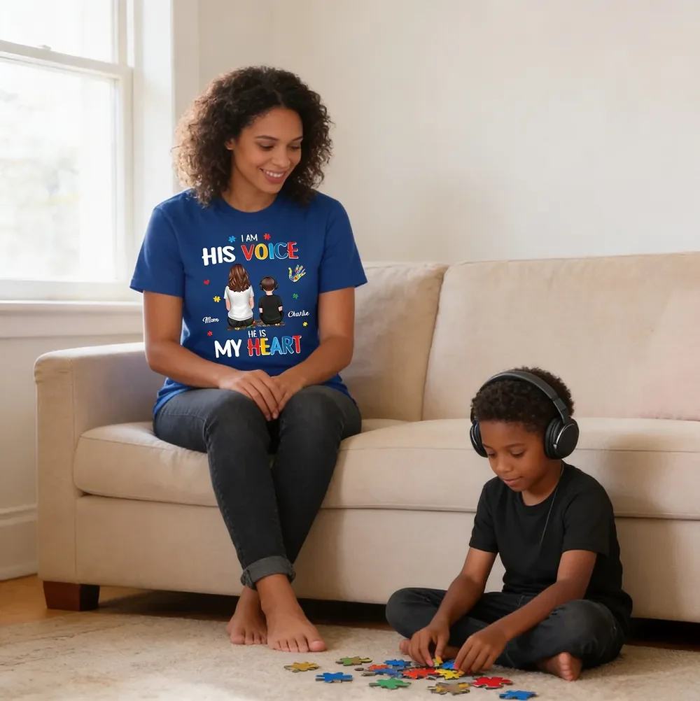Personalized Classic Tee I Am His Voice He Is My Heart Autism Puzzle Mom and Son Back View Unique Gift - Image 3