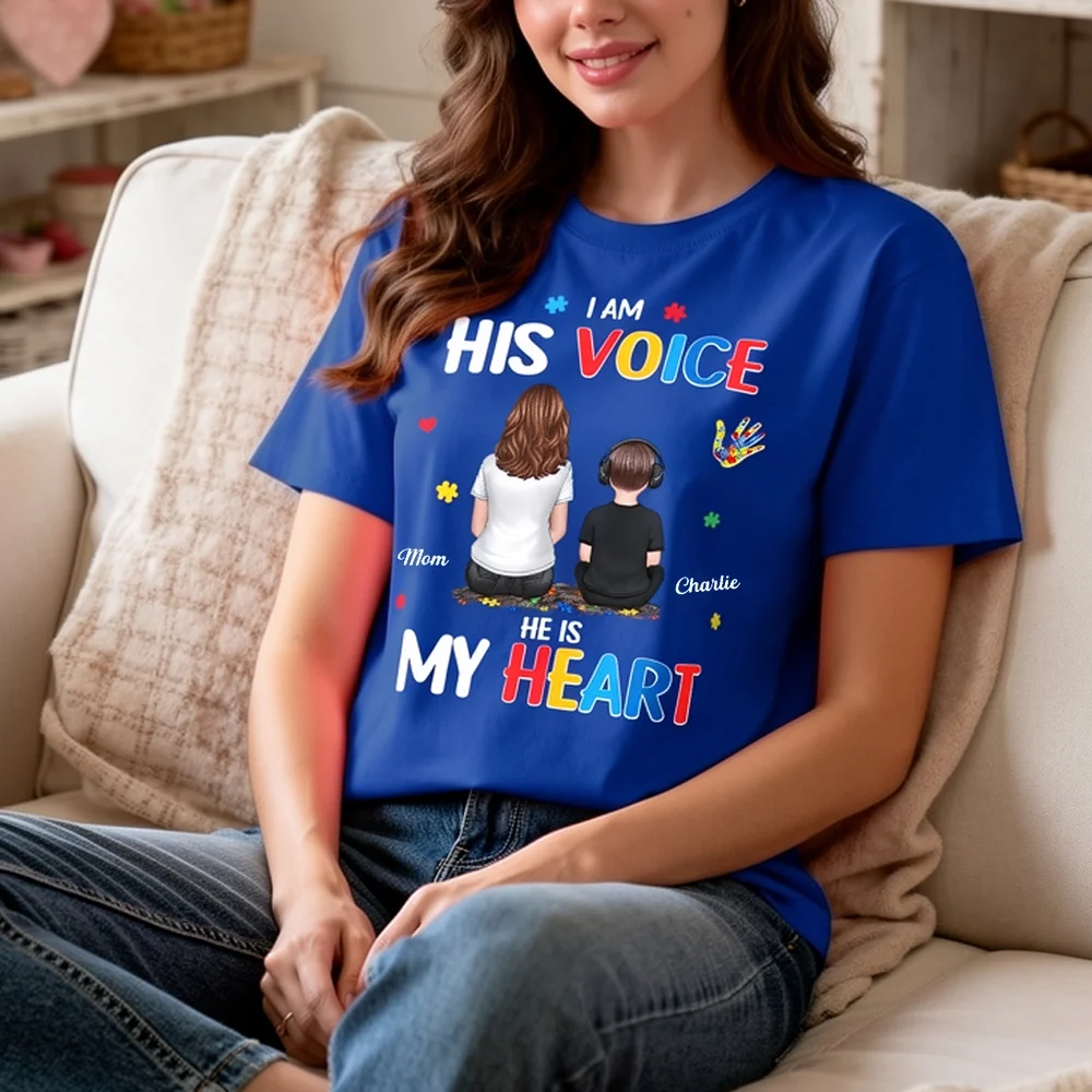 Personalized Classic Tee I Am His Voice He Is My Heart Autism Puzzle Mom and Son Back View Unique Gift - Image 5