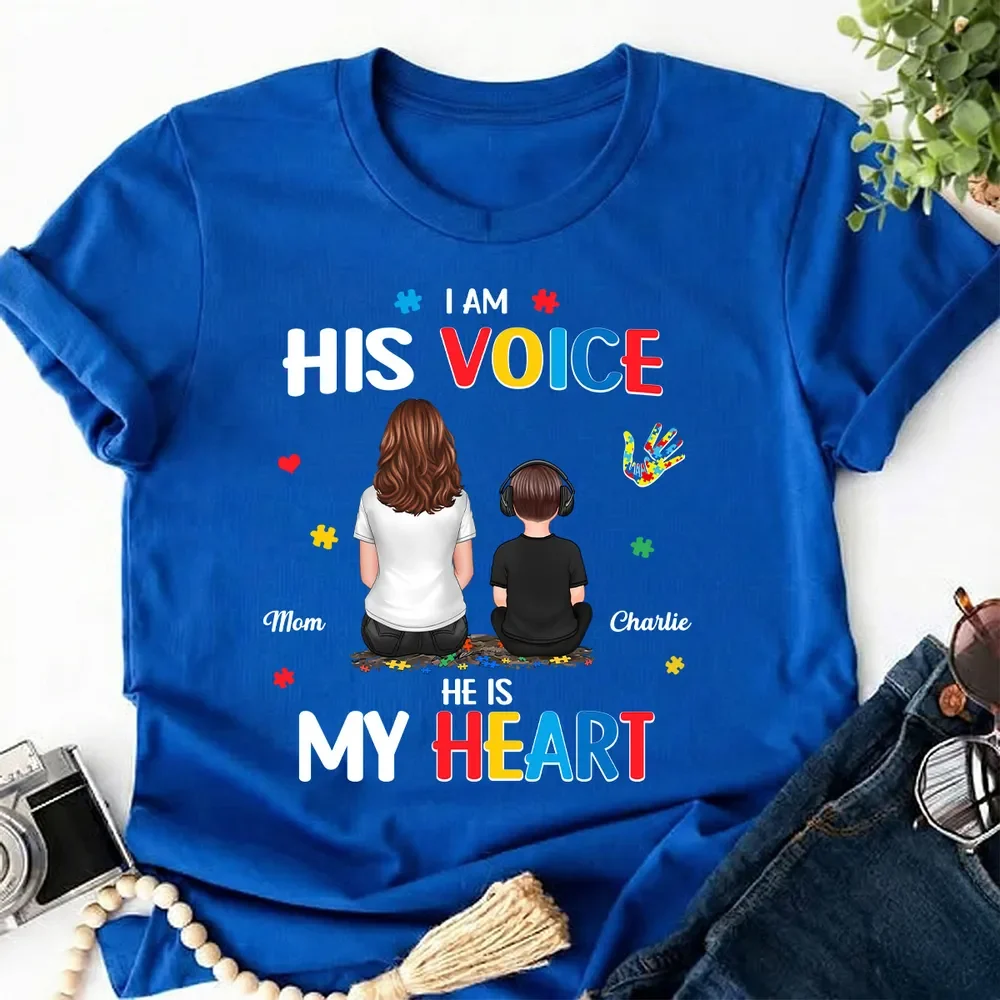 Personalized Classic Tee I Am His Voice He Is My Heart Autism Puzzle Mom and Son Back View Unique Gift - Image 6