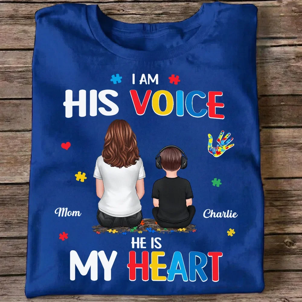 Personalized Classic Tee I Am His Voice He Is My Heart Autism Puzzle Mom and Son Back View Unique Gift - Image 7