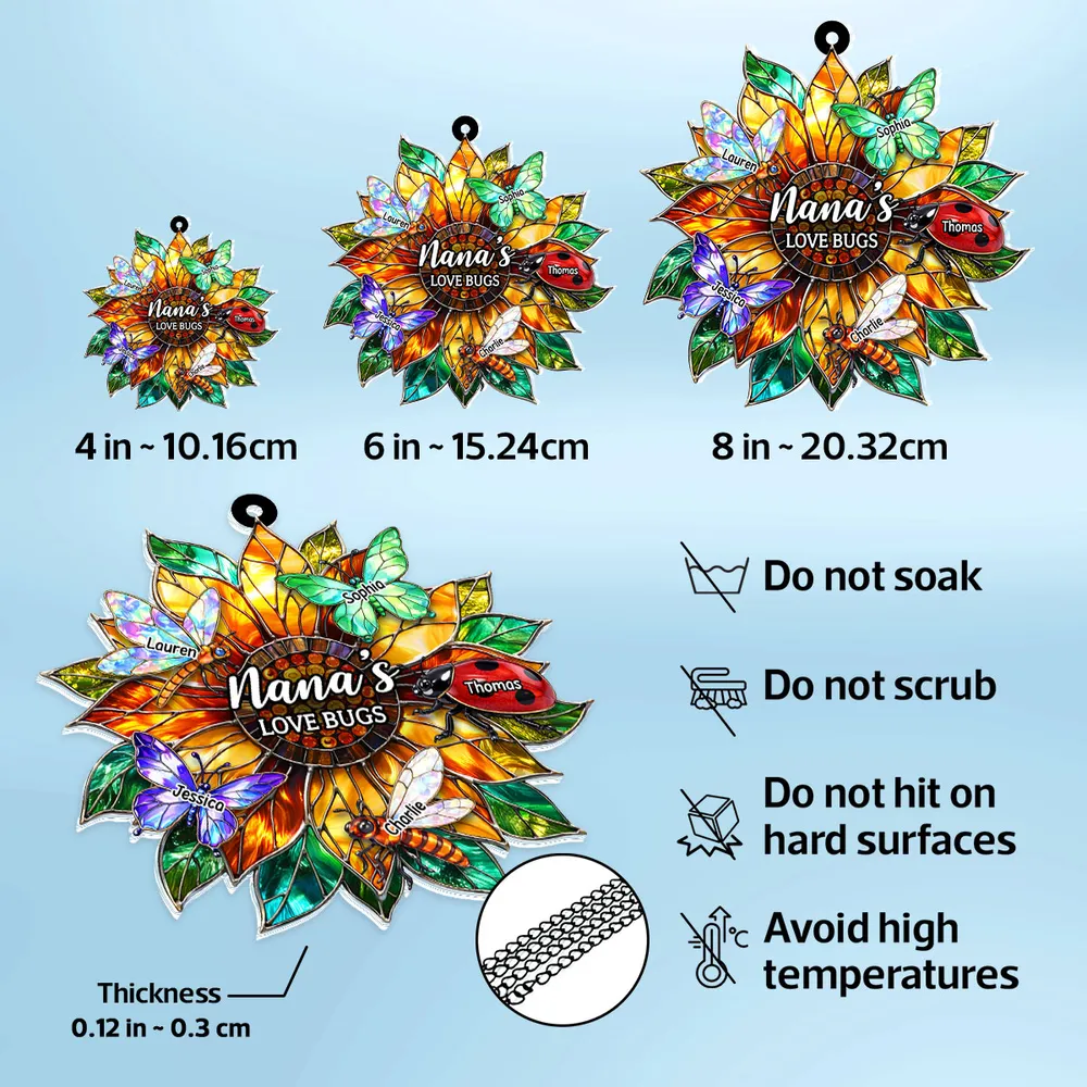 Nana's Love Bugs Acrylic Suncatcher Ornament, Personalized Sunflower Window Decor That Catches Sunlight, Thoughtful Gift - Image 4