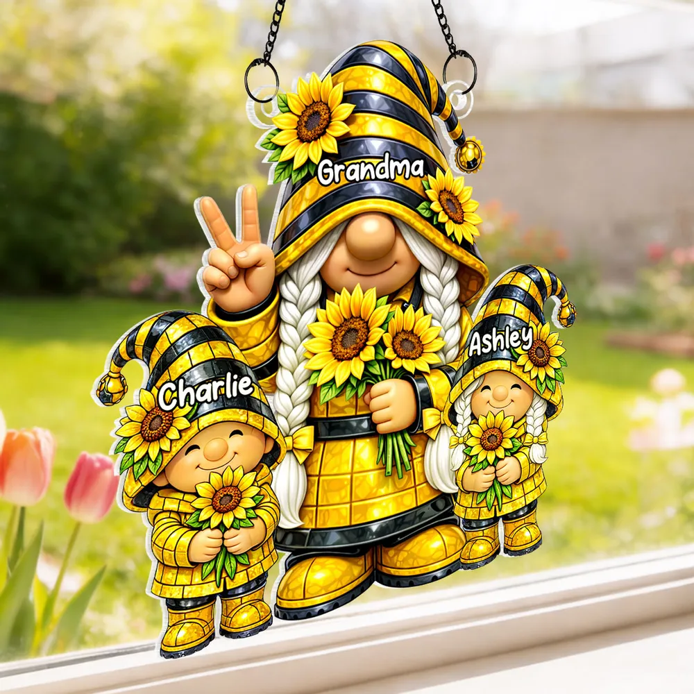 Personalized Grandma and Grandkids Gnome Acrylic Suncatcher Ornament for Window Decor, Sunflower Cute Gift for Grandma - Image 3