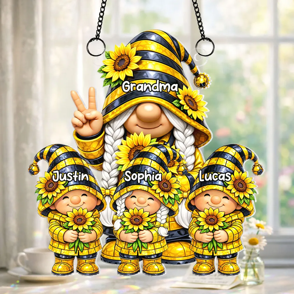 Personalized Grandma and Grandkids Gnome Acrylic Suncatcher Ornament for Window Decor, Sunflower Cute Gift for Grandma - Image 5