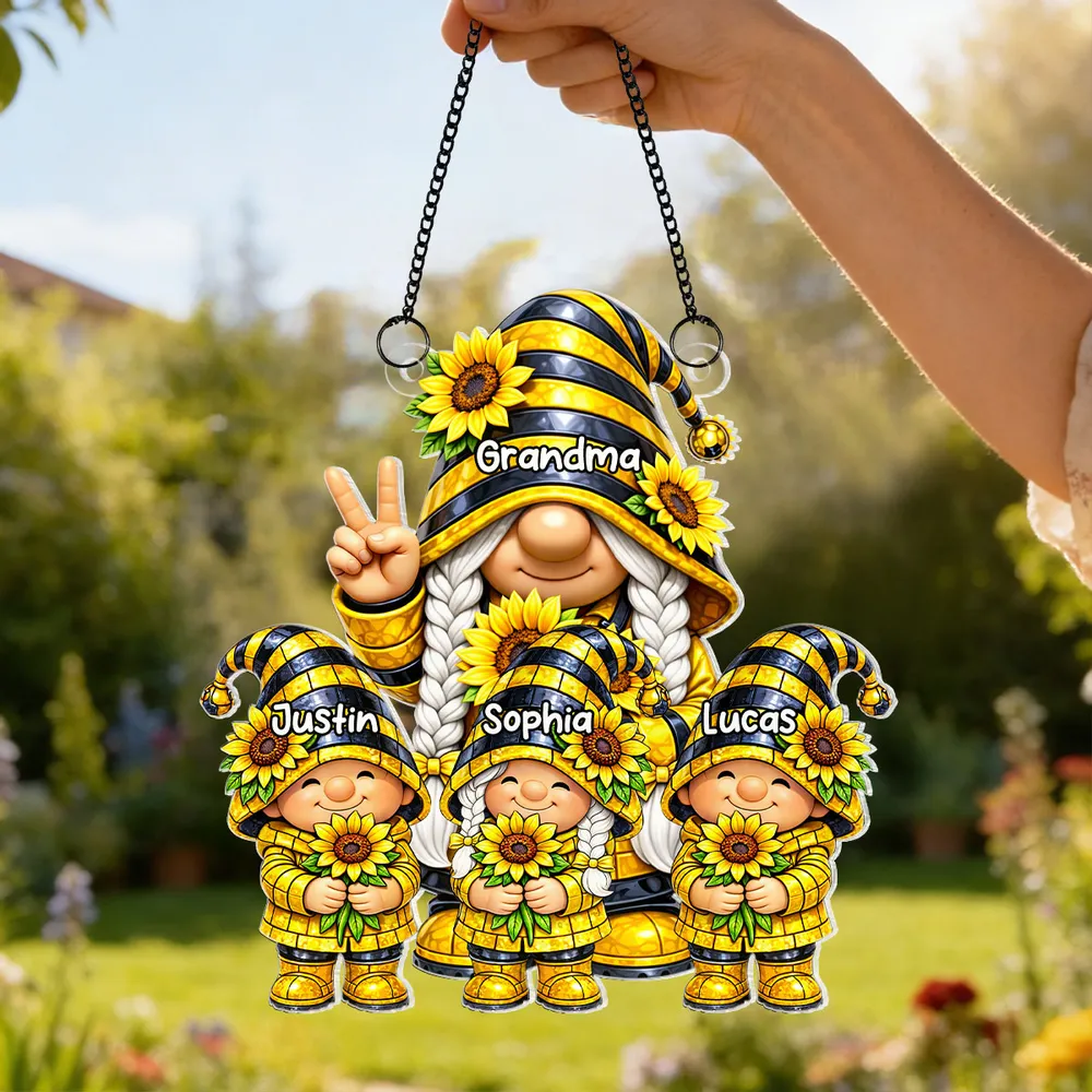 Personalized Grandma and Grandkids Gnome Acrylic Suncatcher Ornament for Window Decor, Sunflower Cute Gift for Grandma - Image 6