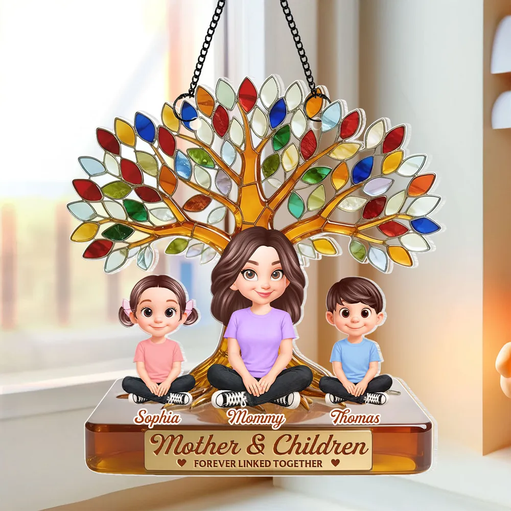 Personalized Acrylic Suncatcher Ornament for Mom, Mother and Children Under Colorful Tree, Unique Gift That Lights Up Any Window - Image 3