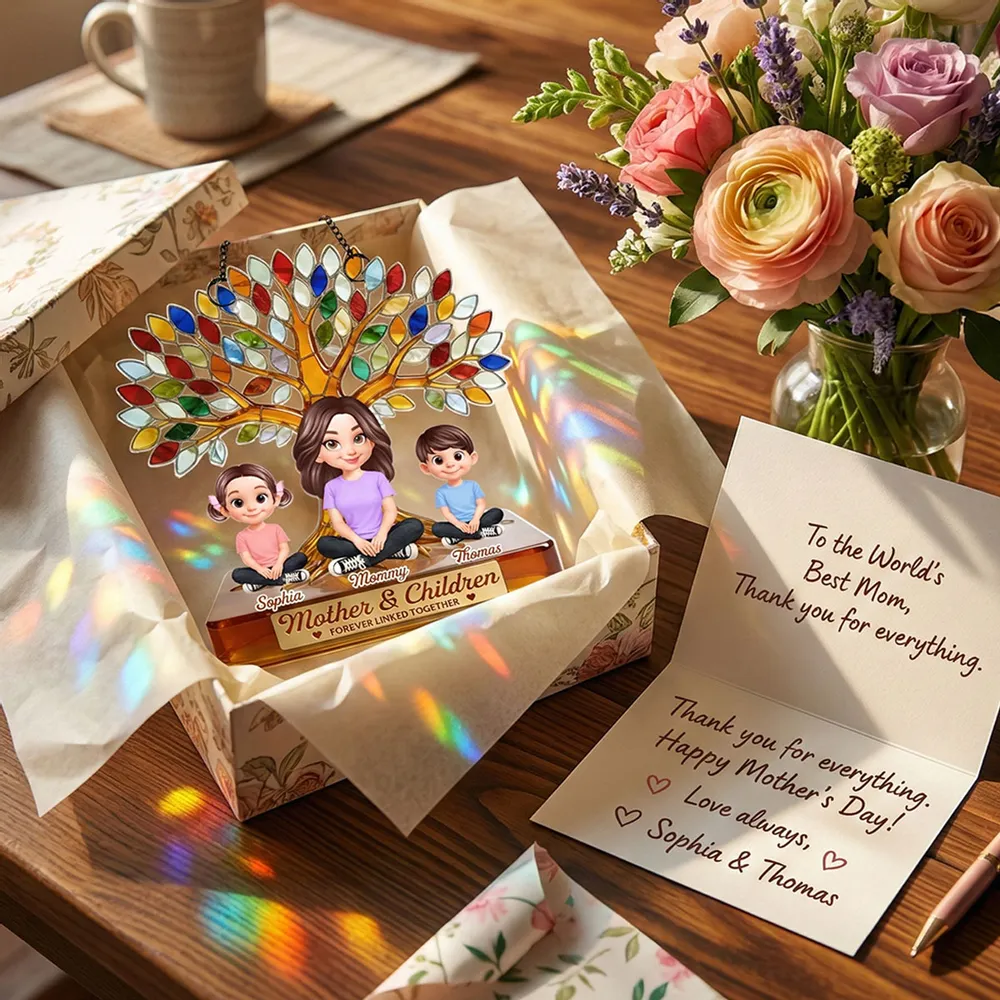 Personalized Acrylic Suncatcher Ornament for Mom, Mother and Children Under Colorful Tree, Unique Gift That Lights Up Any Window - Image 6