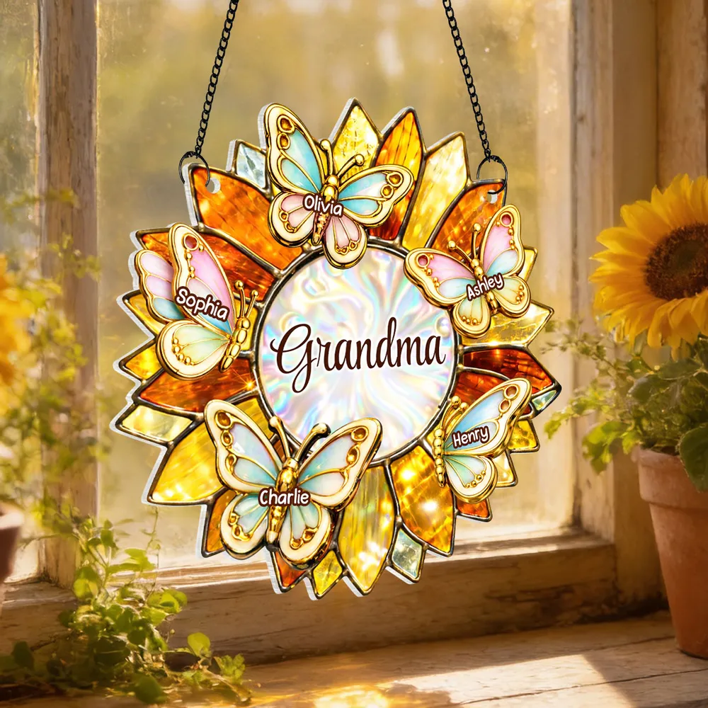 Grandma Sunflower Acrylic Suncatcher Ornament With Butterflies, A Sweet Personalized Gift That Lights Up Her Window - Image 3