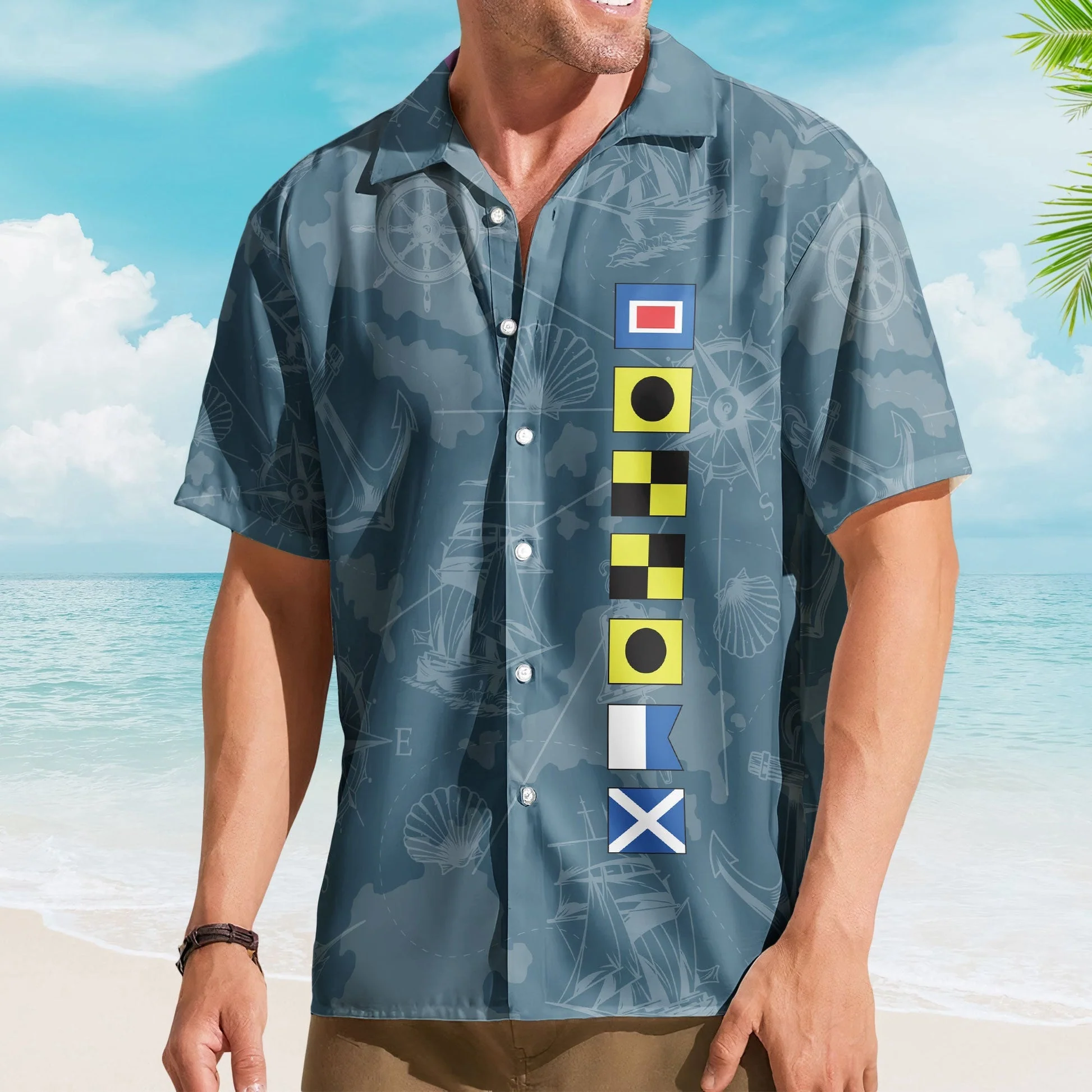Personalized Nautical Flag Hawaiian Shirt, Ocean-Inspired Beach Outfit With Custom Print, Unique Gift For Vacation Style - Image 4