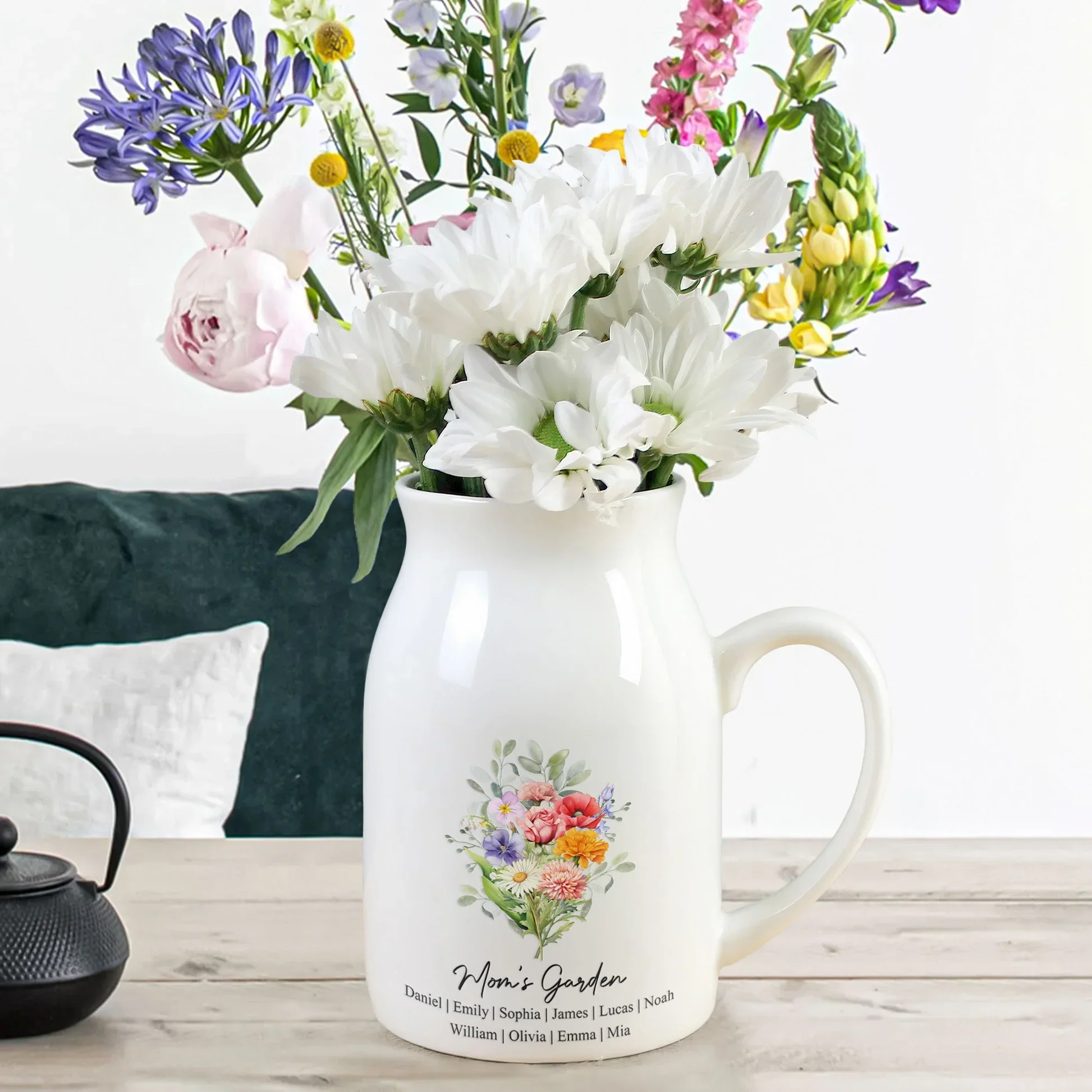 Personalized Handled Vase with Floral Bouquet Design for Dining Table or Entryway, Unique Gift for Mom - Image 3