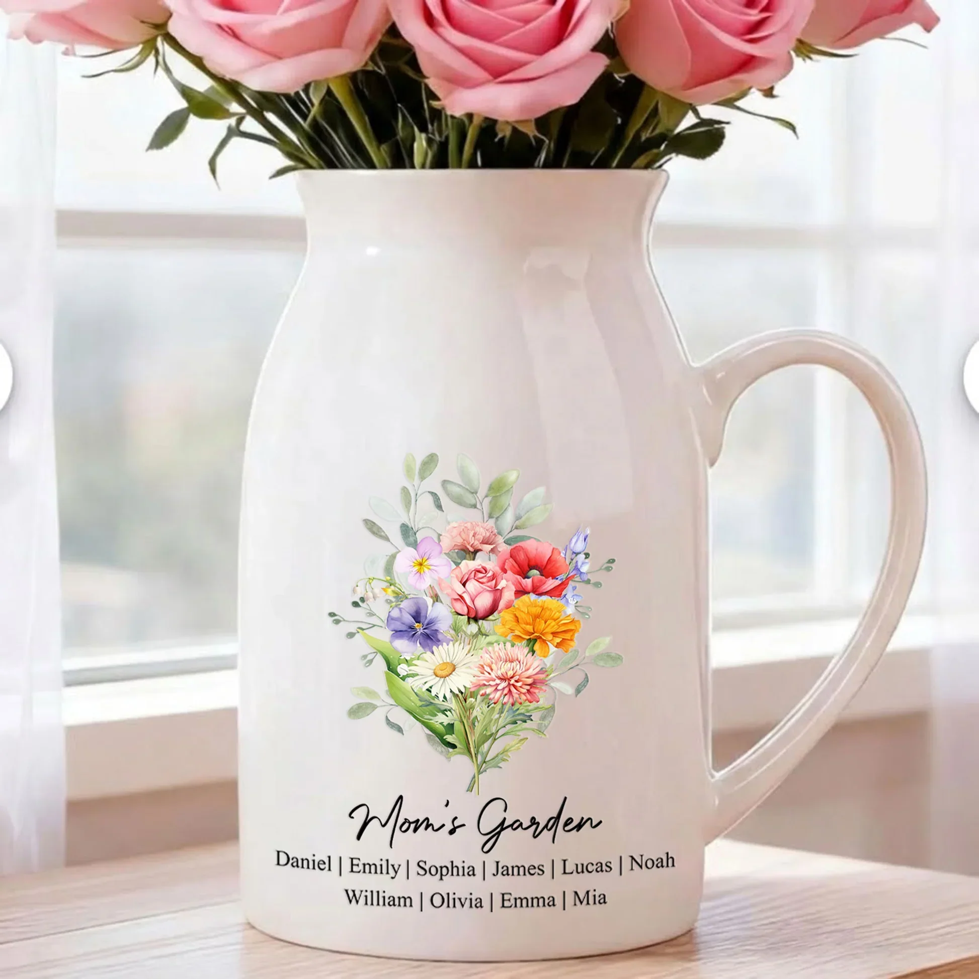Personalized Handled Vase with Floral Bouquet Design for Dining Table or Entryway, Unique Gift for Mom - Image 7