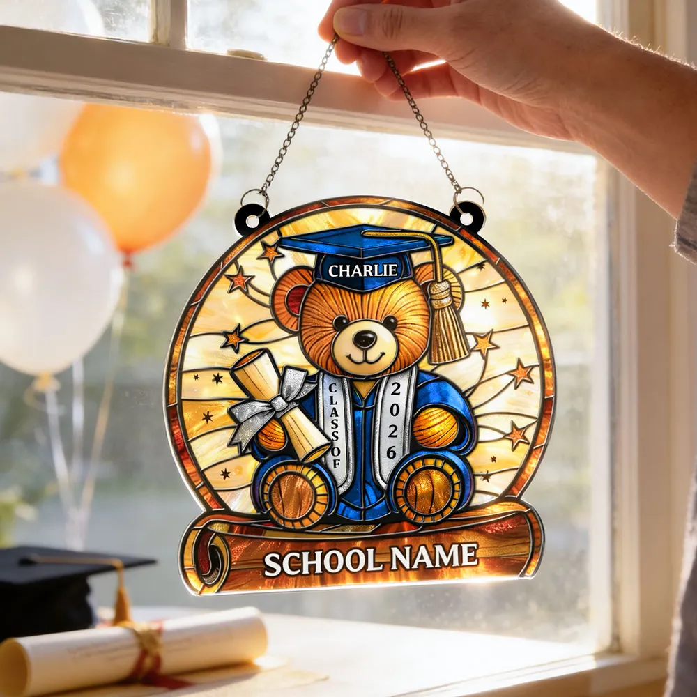 Stained Glass Style Graduation Teddy Bear Acrylic Suncatcher Ornament, Sweet Window Keepsake Gift for a Proud Grad - Image 3