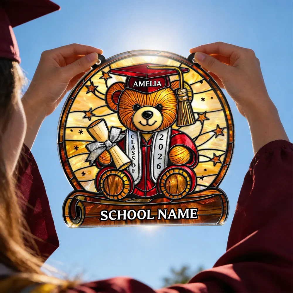 Stained Glass Style Graduation Teddy Bear Acrylic Suncatcher Ornament, Sweet Window Keepsake Gift for a Proud Grad - Image 4