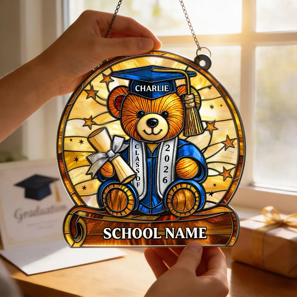 Stained Glass Style Graduation Teddy Bear Acrylic Suncatcher Ornament, Sweet Window Keepsake Gift for a Proud Grad - Image 6