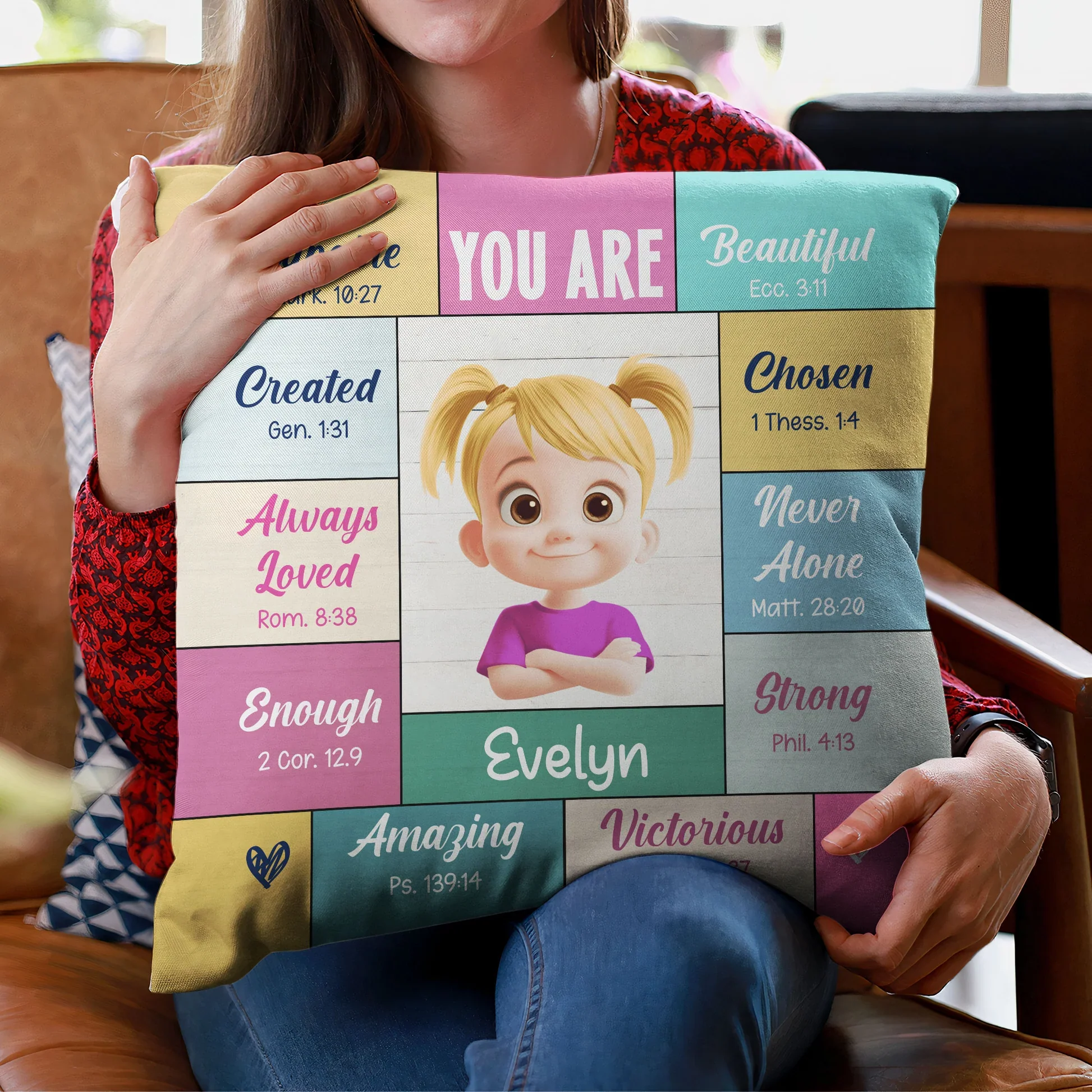 Square Pillow with 'You Are' Bible Verse Affirmations, Bright Pastel Nursery Accent, Thoughtful Personalized Gift for Kids - Image 3